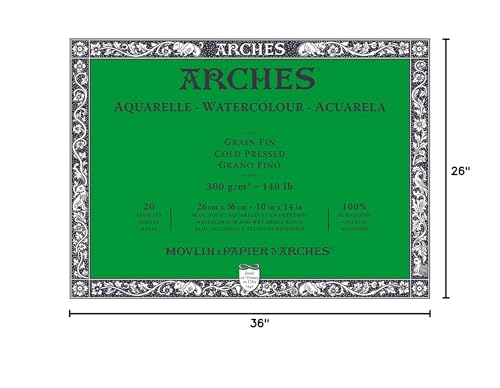 Arches Aquarelle – Pad of 20 Sheets 26 x 36 cm Glued on 4 Sides 300 g/m² – Fine Grain, Natural White, 4 Free Edges