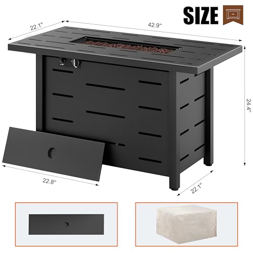 Walsunny 43 inch Outdoor Propane Fire Pit 50,000 BTU Gas Fire Pit Table with Lid, Waterproof Cover, Rectangle Gas Firepit ...