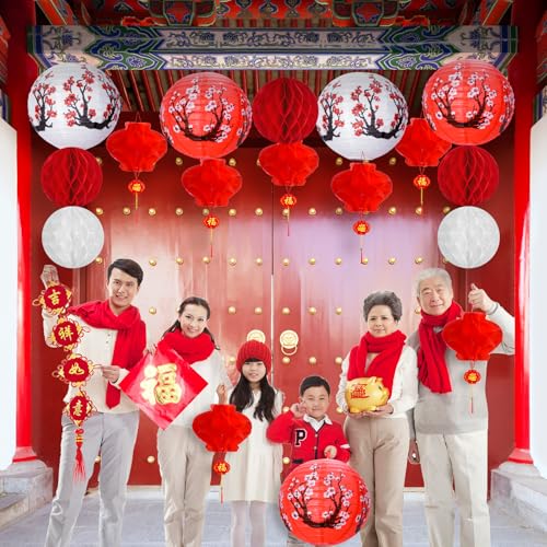 33Pcs Chinese Japanese Paper Lantern New Year Decorations 2026, Lunar New Year Lanterns Decoration, Red White Cherry Bloss...