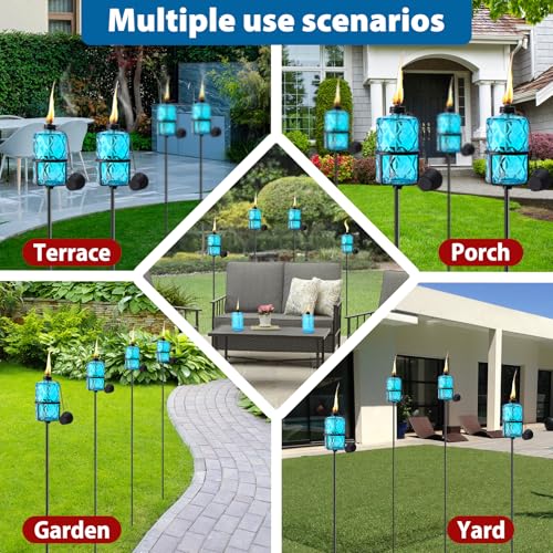 ZSPENG 4 Pack Blue Glass Garden Torch 12 oz Outdoor Torch Garden Décor,60-Inch Upgraded Citronella Torches with 3-Prong Gr...