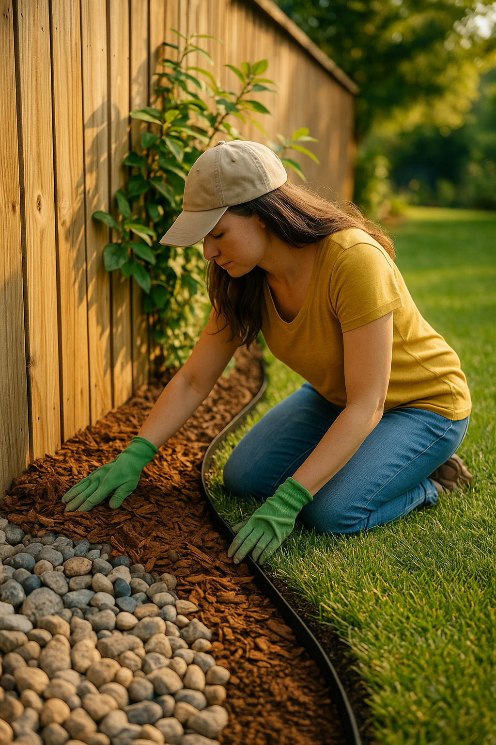 Man installing flexible garden edging along lawn border, using tools and gloves in natural sunlight — realistic outdoor gardening scene.