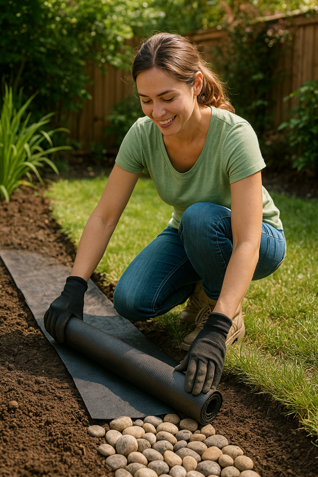 Gardener laying black landscaping fabric on soil with tools and stones nearby, sunny day, natural realistic photo.