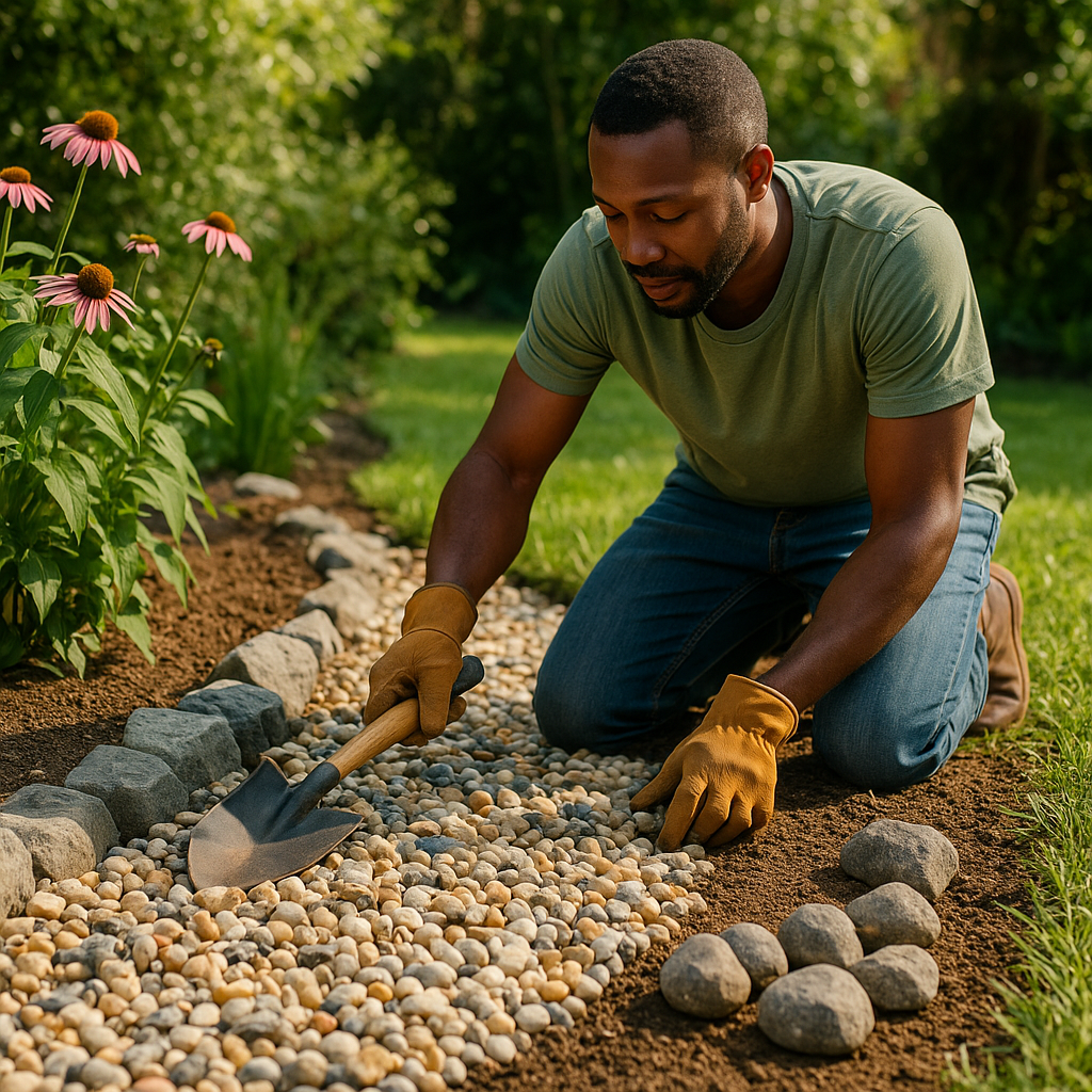 Person spreading decorative pebbles along garden path with shovel and gloves, natural daylight, realistic outdoor photo.