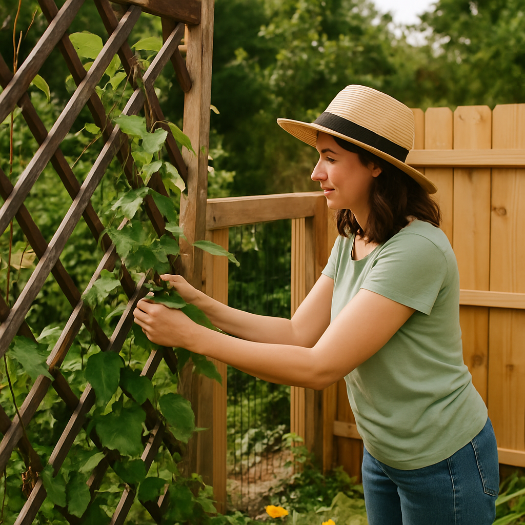 Woman installing wooden trellis in garden while guiding climbing plants, sunlight filtering through leaves — realistic photo.
