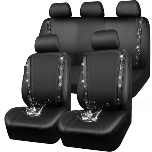 CAR PASS Leather Bling Diamond Car Seat Covers Full Set, Shining Rhinestone Waterproof Durable Rear with Zipper, Universal...