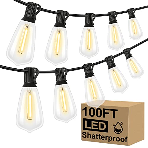 Brightever LED Outdoor String Lights 100FT Patio Lights with 52 Shatterproof ST38 Vintage Edison Bulbs, Outside Hanging Li...