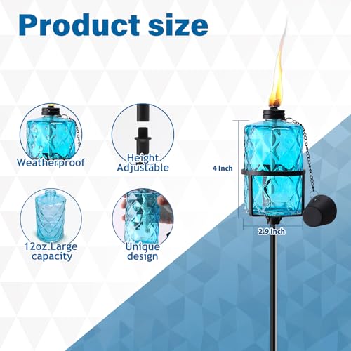 ZSPENG 4 Pack Blue Glass Garden Torch 12 oz Outdoor Torch Garden Décor,60-Inch Upgraded Citronella Torches with 3-Prong Gr...