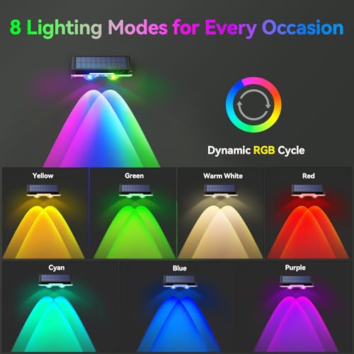 TECKNET Solar Fence Lights Outdoor 12 Pack, Warm White & 6 Colors & RGB, IP66 Waterproof LED Deck Light, Dusk to Dawn Fenc...