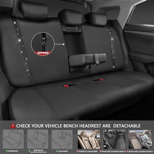 CAR PASS Leather Bling Diamond Car Seat Covers Full Set, Shining Rhinestone Waterproof Durable Rear with Zipper, Universal...