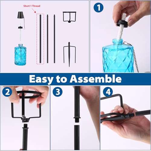 ZSPENG 4 Pack Blue Glass Garden Torch 12 oz Outdoor Torch Garden Décor,60-Inch Upgraded Citronella Torches with 3-Prong Gr...