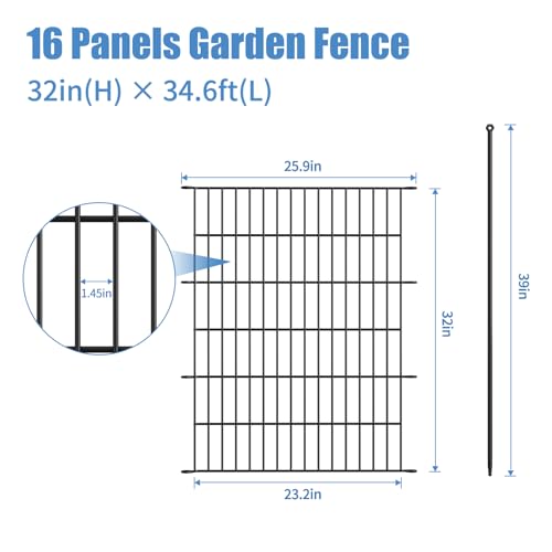 GDKASRNY 16 Panels Garden Fence,Rustproof Metal Fence Panels - 32in (H)×37.8ft (L) Garden Fencing Animal Barrier with Gat...