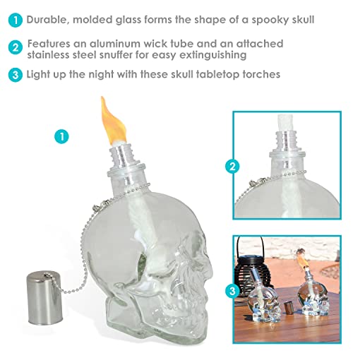 Sunnydaze Grinning Skull Glass Tabletop Torches - Outdoor Patio Lighting - Includes Wicks and Attached Snuffers - Set of 4...