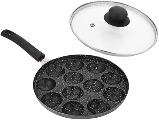 Satre Online and Marketing Non Stick Aluminium Appam Maker Pan 12 Pits with Glass Lid, Black