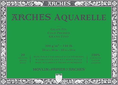 Arches Aquarelle – Pad of 20 Sheets 26 x 36 cm Glued on 4 Sides 300 g/m² – Fine Grain, Natural White, 4 Free Edges