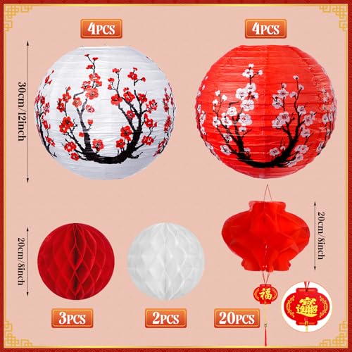 33Pcs Chinese Japanese Paper Lantern New Year Decorations 2026, Lunar New Year Lanterns Decoration, Red White Cherry Bloss...