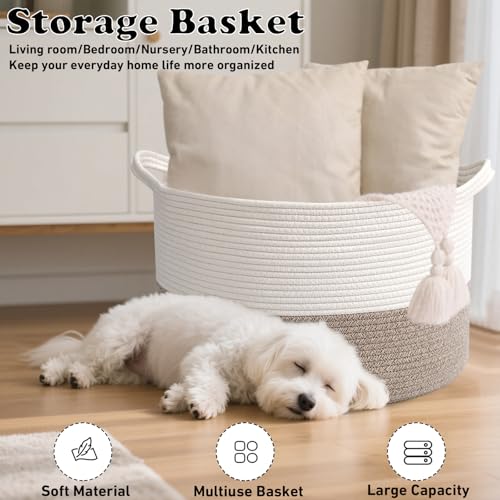 HZFTJOY 65L Large Blanket Basket,19.7" L x 19.7" W x 13" H Rope Woven Baskets with Handles, Toys Storage Bins,Laundry Bask...