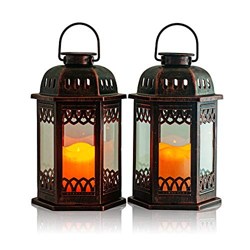 SteadyDoggie Solar Lanterns 2 Pack Bronze - Retro Ornate Hanging Lantern with Handle, Outdoor Lantern with Flickering Cand...