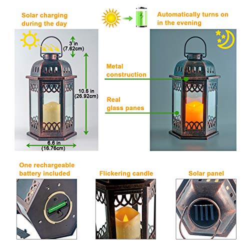 SteadyDoggie Solar Lanterns 2 Pack Bronze - Retro Ornate Hanging Lantern with Handle, Outdoor Lantern with Flickering Cand...