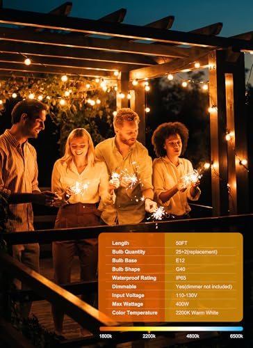 Brightown Outdoor String Lights, 50FT 25 G40 Bulbs Shatterproof Patio Lights, IP65 Waterproof Dimmable Hanging Connectable...