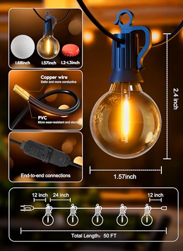 Brightown Outdoor String Lights, 50FT 25 G40 Bulbs Shatterproof Patio Lights, IP65 Waterproof Dimmable Hanging Connectable...