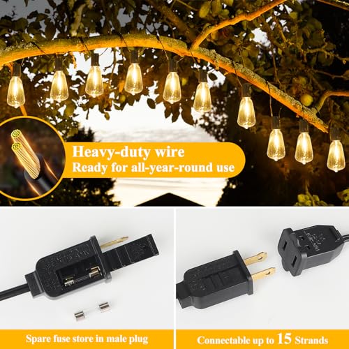 Brightever LED Outdoor String Lights 100FT Patio Lights with 52 Shatterproof ST38 Vintage Edison Bulbs, Outside Hanging Li...
