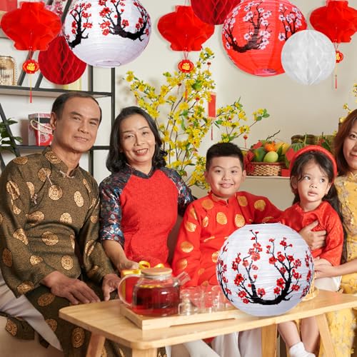 33Pcs Chinese Japanese Paper Lantern New Year Decorations 2026, Lunar New Year Lanterns Decoration, Red White Cherry Bloss...