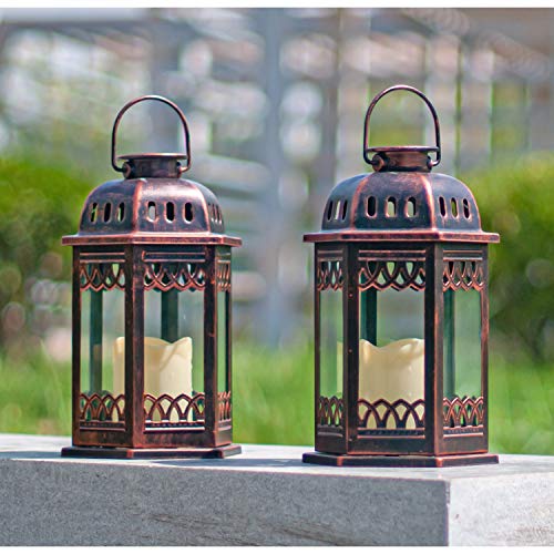 SteadyDoggie Solar Lanterns 2 Pack Bronze - Retro Ornate Hanging Lantern with Handle, Outdoor Lantern with Flickering Cand...