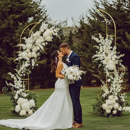 HeyMate Metal Arch Backdrop Stand, Gold Curved Top Wedding Arch Set of 2 (6.85 FT/6.5 FT) Half Moon Wedding Arches Frames ...