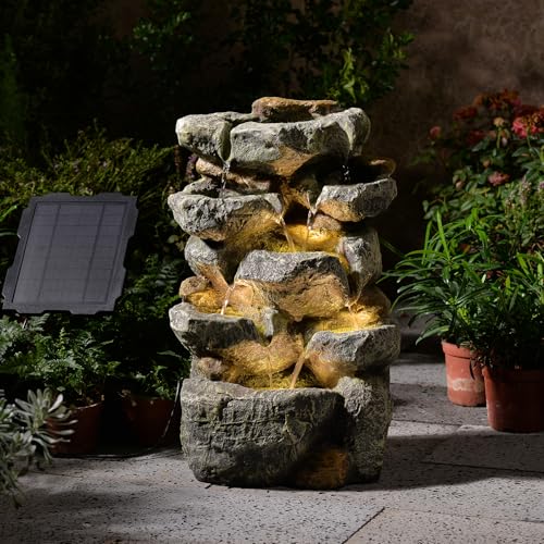 KAISOKU Solar Water Fountain Outdoor Garden, 24" H Cascading Stone Design 5 Tier Rock Feature Outdoor Fountains Waterfalls...