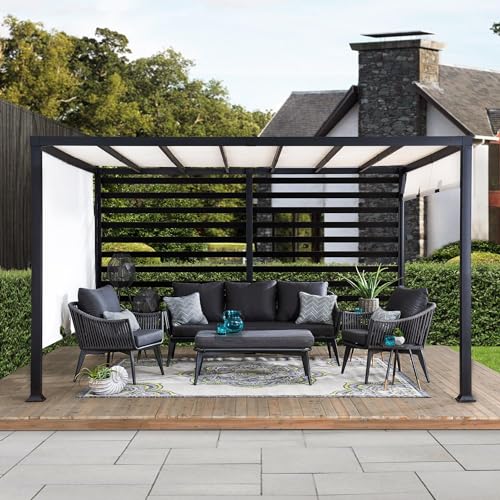 SUNJOY Outdoor Pergola 10 x 12 ft. Steel Pergolas with White Adjustable Shade and Privacy Screen for Backyard, Garden Acti...