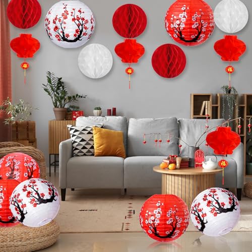 33Pcs Chinese Japanese Paper Lantern New Year Decorations 2026, Lunar New Year Lanterns Decoration, Red White Cherry Bloss...