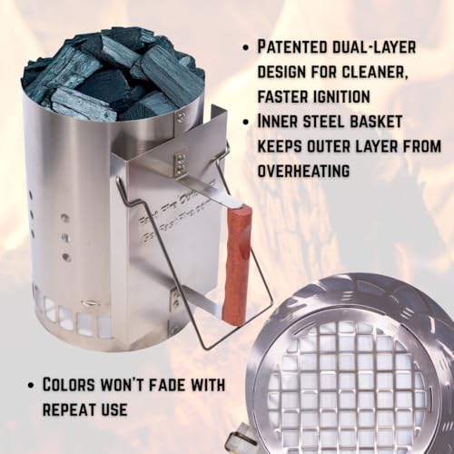 (Blue) Stainless Steel Charcoal Chimney Starter - Rust Resistant BBQ Coal Lighter with Patented Insert, Cool-Touch Handle,...