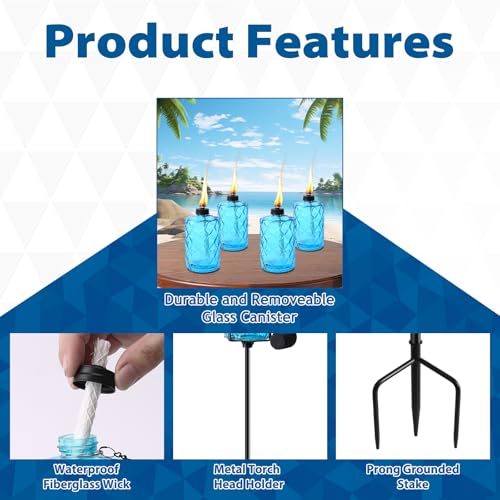 ZSPENG 4 Pack Blue Glass Garden Torch 12 oz Outdoor Torch Garden Décor,60-Inch Upgraded Citronella Torches with 3-Prong Gr...