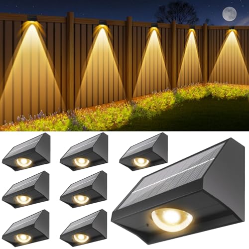 Solar Fence Lights Outdoor Waterproof High Brightness LED Spot Lens Deck Lights 7 Mode Warm & Cool White RGB Solar Powered...