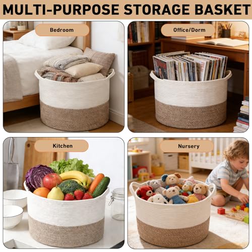 HZFTJOY 65L Large Blanket Basket,19.7" L x 19.7" W x 13" H Rope Woven Baskets with Handles, Toys Storage Bins,Laundry Bask...