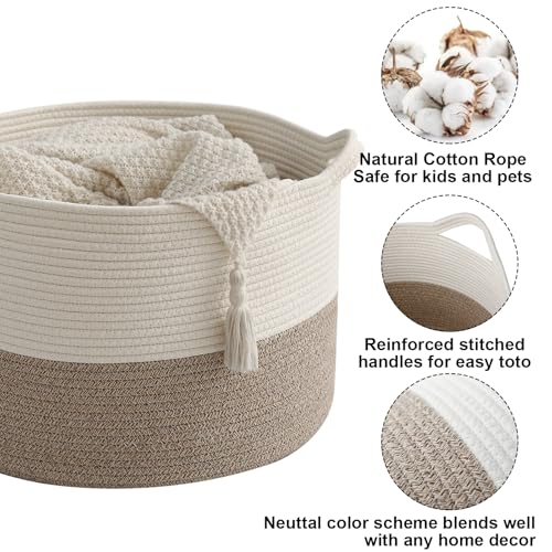 HZFTJOY 65L Large Blanket Basket,19.7" L x 19.7" W x 13" H Rope Woven Baskets with Handles, Toys Storage Bins,Laundry Bask...
