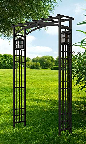 Panacea 84303 Mission Garden Arbor with Lanterns, Black, 79.5" H – Steel Garden Arch with Rectangular Grid Sides & Flat To...