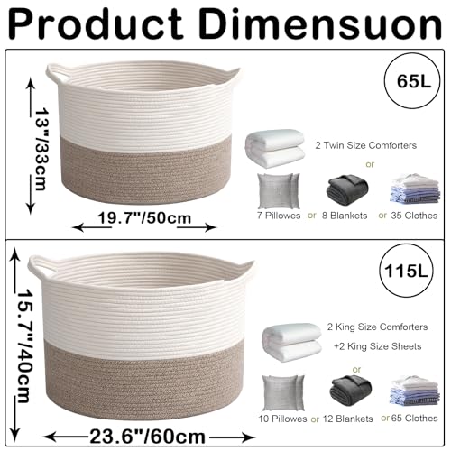 HZFTJOY 65L Large Blanket Basket,19.7" L x 19.7" W x 13" H Rope Woven Baskets with Handles, Toys Storage Bins,Laundry Bask...