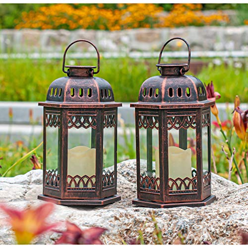SteadyDoggie Solar Lanterns 2 Pack Bronze - Retro Ornate Hanging Lantern with Handle, Outdoor Lantern with Flickering Cand...