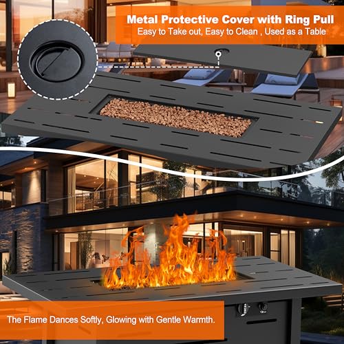 Walsunny 43 inch Outdoor Propane Fire Pit 50,000 BTU Gas Fire Pit Table with Lid, Waterproof Cover, Rectangle Gas Firepit ...