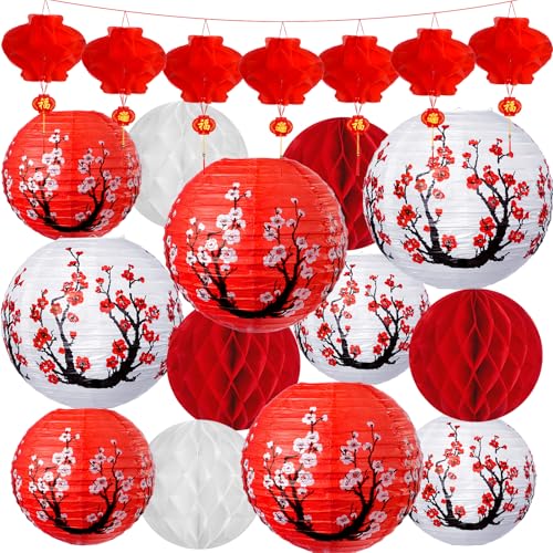 33Pcs Chinese Japanese Paper Lantern New Year Decorations 2026, Lunar New Year Lanterns Decoration, Red White Cherry Bloss...