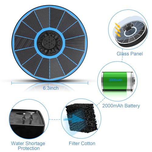Yzert Solar Fountain with 2000 mAh Battery Backup Works in Cloudy, Glass Solar Powered Bird Bath Fountains with 7 Nozzles,...