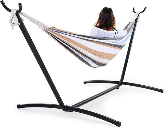 Sweetcrispy Double Hammock with Space Saving Steel Stand Heavy Duty 2 Person Standing Hammocks 450lb Capacity for Outside ...