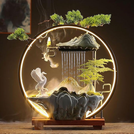 Tabletop Water Fountains Indoor Waterfall Fountain with Mist LED Light Feng Shui Wealth Desk Fountain with Backflow Incens...