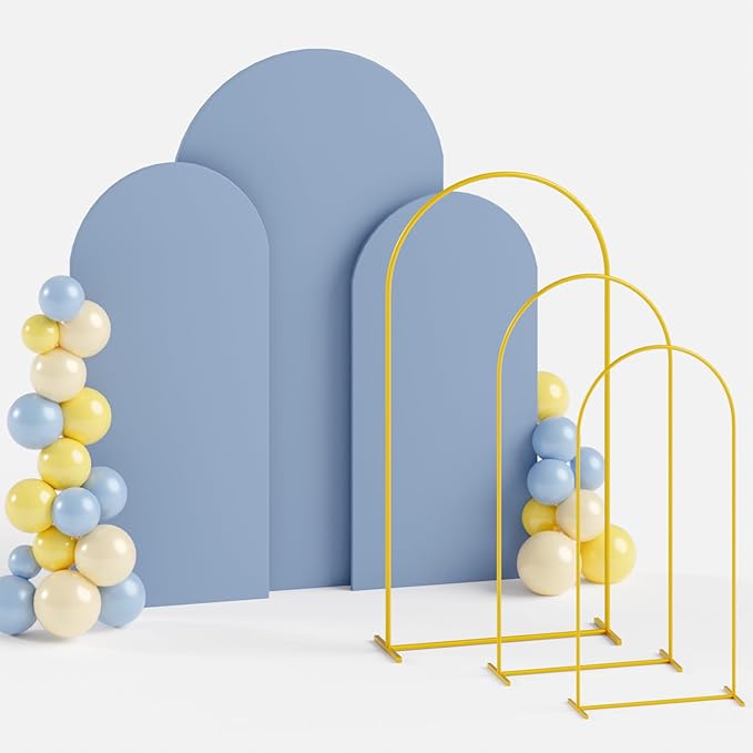ROMANKAS Metal Arch Backdrop Stand and Cover Set 4&5&6ft Gold Arches Stands Dusty Blue Arch Covers Stretchy Backdrop Weddi...
