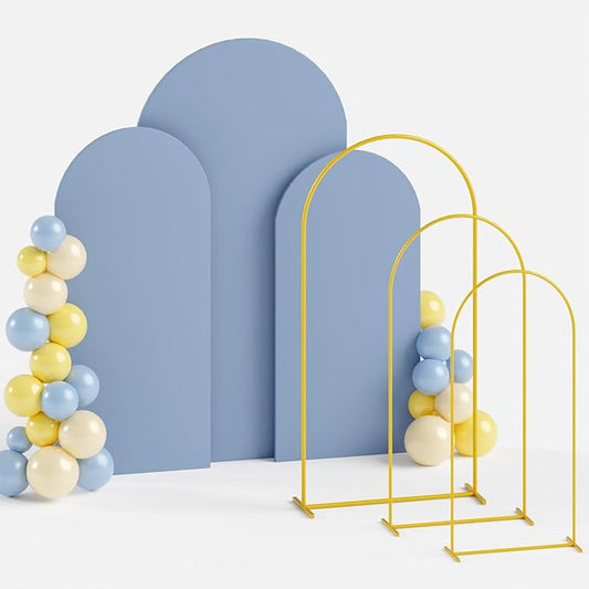 ROMANKAS Metal Arch Backdrop Stand and Cover Set 4&5&6ft Gold Arches Stands Dusty Blue Arch Covers Stretchy Backdrop Weddi...