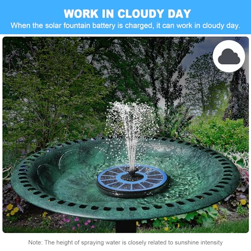 Yzert Solar Fountain with 2000 mAh Battery Backup Works in Cloudy, Glass Solar Powered Bird Bath Fountains with 7 Nozzles,...