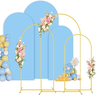 PATYDEST Wedding Arch Backdrop Stand and Cover Set 6FT, 5FT, 4FT Gold Metal Arches for Backdrop Baby Blue Spandex Arch Cov...