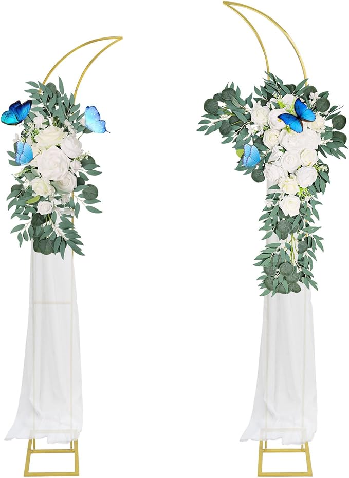 HeyMate Metal Arch Backdrop Stand, Gold Curved Top Wedding Arch Set of 2 (6.85 FT/6.5 FT) Half Moon Wedding Arches Frames ...