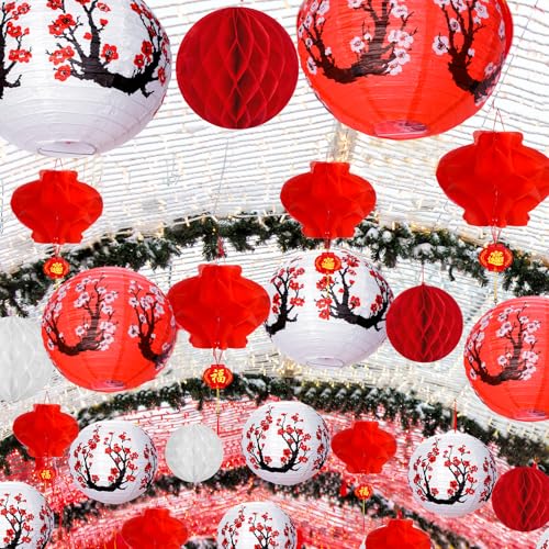 33Pcs Chinese Japanese Paper Lantern New Year Decorations 2026, Lunar New Year Lanterns Decoration, Red White Cherry Bloss...